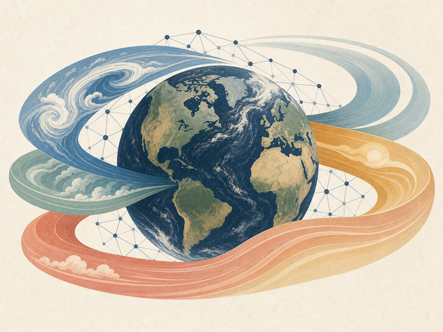 A globe, atmospheric fields, and a shared neural representation connecting weather and climate.