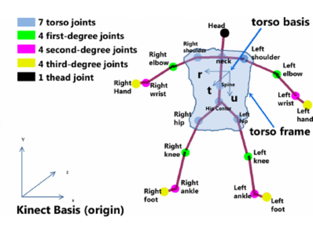Color-coded 3D skeleton with joint groups and coordinate axes.