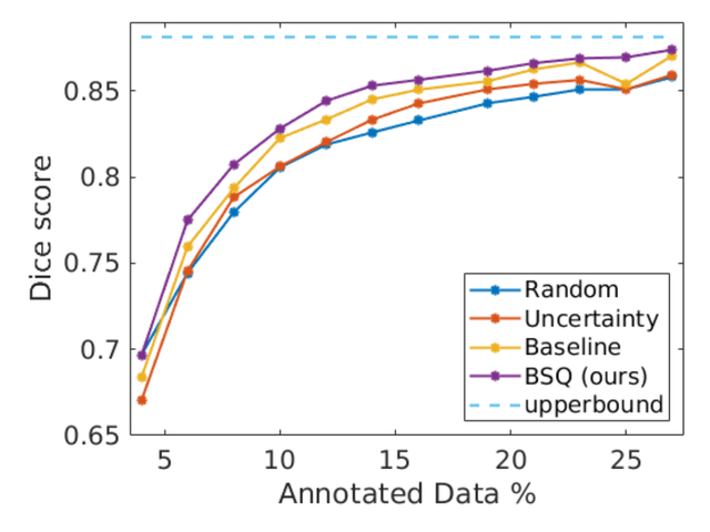 Dice-score curves versus annotated-data percentage for five sampling strategies.
