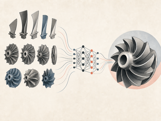 Turbomachinery variants flowing through a neural network toward an optimized component.